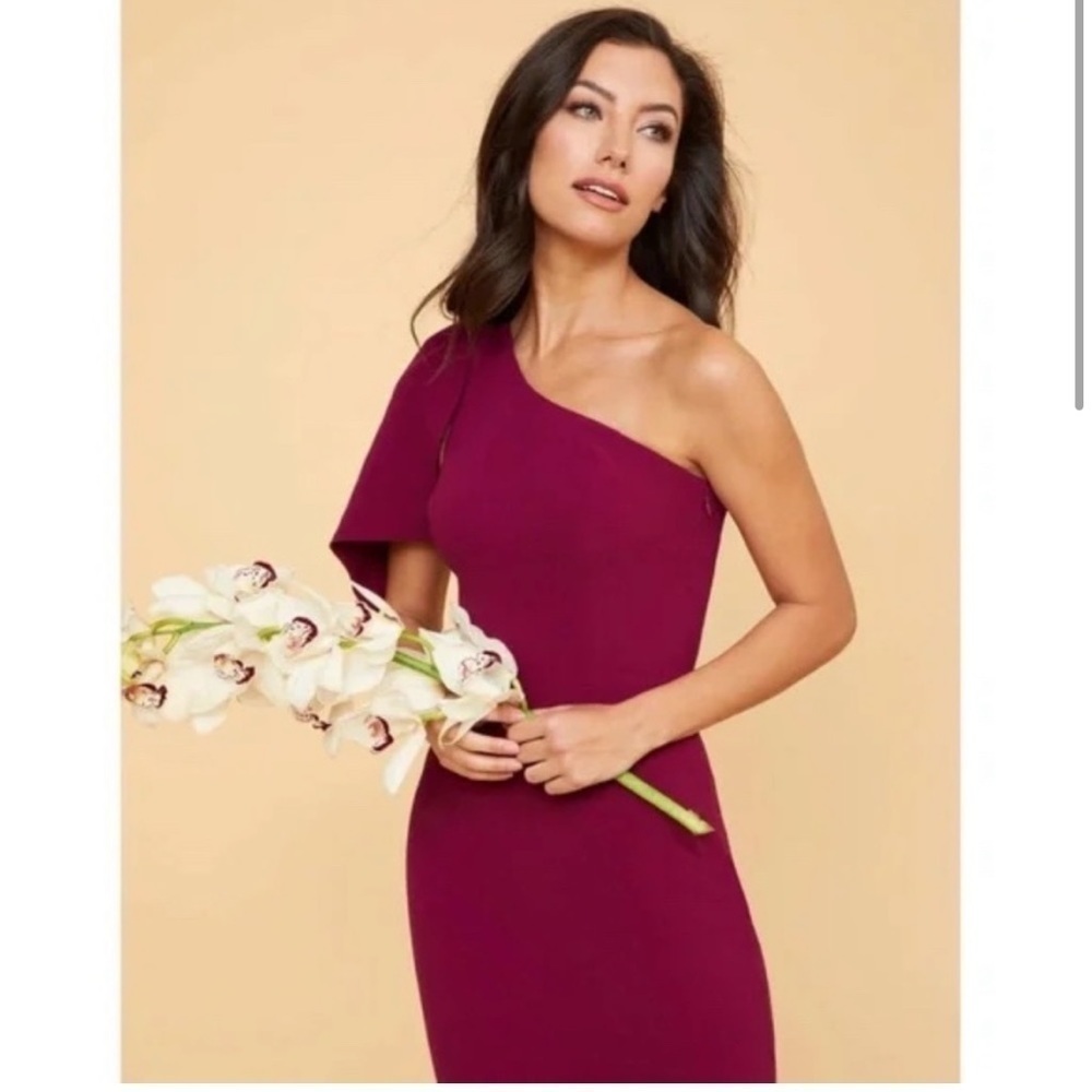 DRESS THE POPULATION Tiffany One-Shoulder Midi Dress in Dark Magenta Medium NWOT
